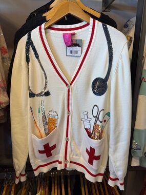 QUEEN OF SPARKLES White Medical Instrument Button Up Cardigan